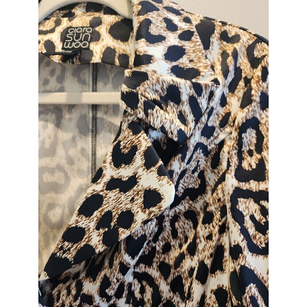 Clara Sun Woo Womens Jacket Animal Print Cropped Sz S Ruffle Sleeve Collared - Picture 4 of 14